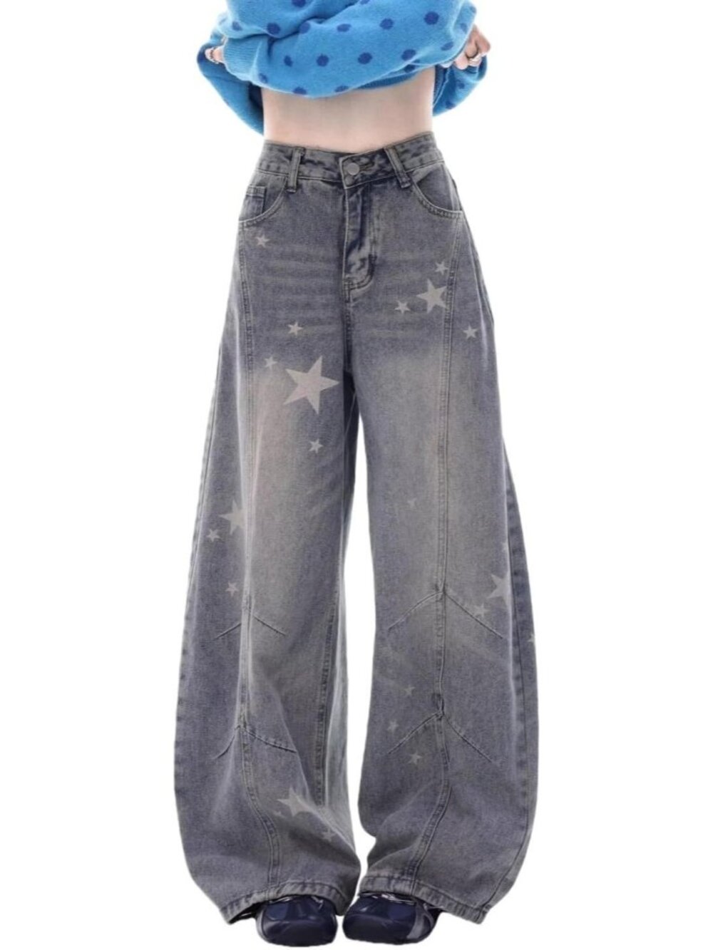 Women's Blue Denim Star Print Pull On Y2k Wide Leg High Rise Waisted Baggy Jeans